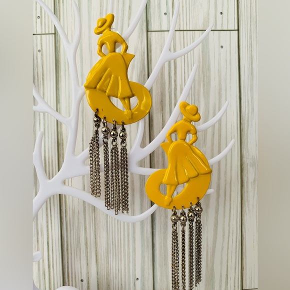Vintage Yellow Figurine Lady Earrings with Silver Chain Tassels - Picture 2 of 4
